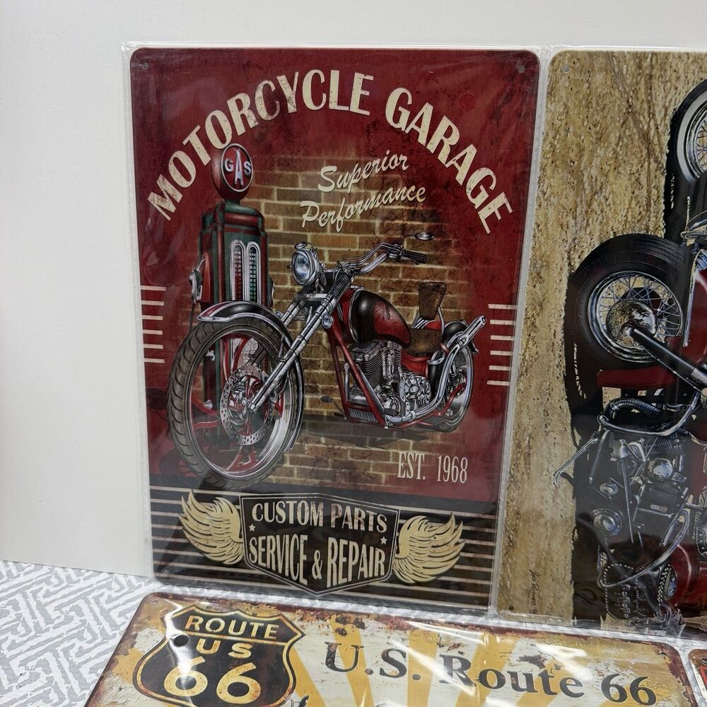 5pc Vintage Motorcycle Metal Tin Sign Bundle – Route 66 & Garage Wall Decor Set - Picture 4 of 6